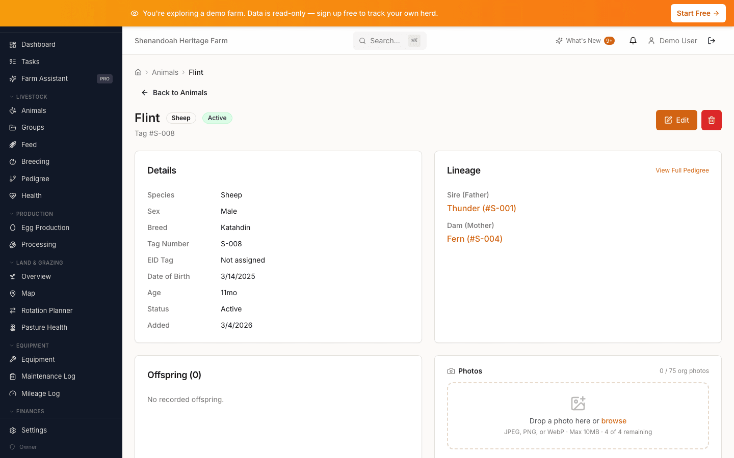 Animal detail page showing genetics, health records, and group membership