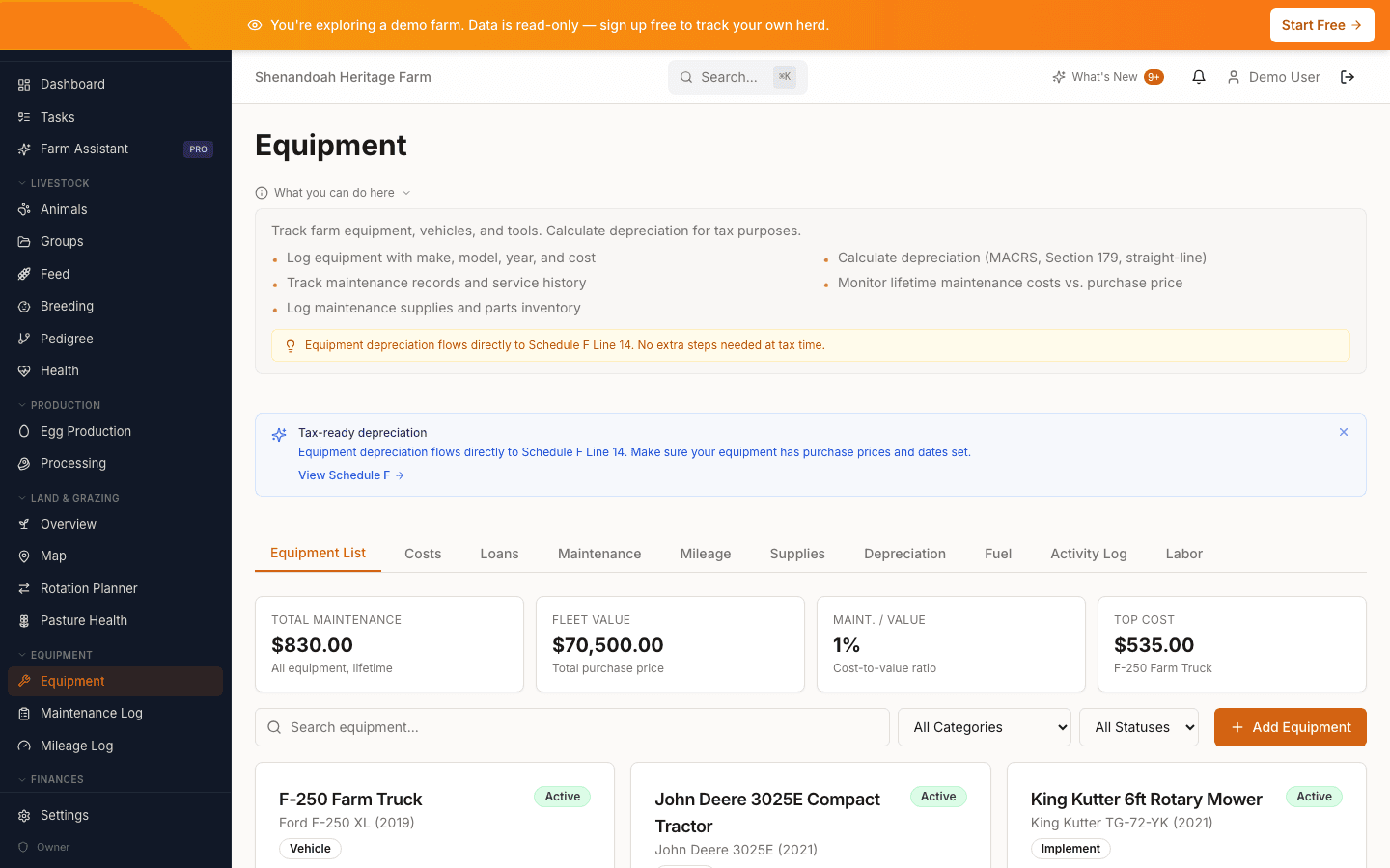 Equipment list with maintenance records and hourly cost tracking