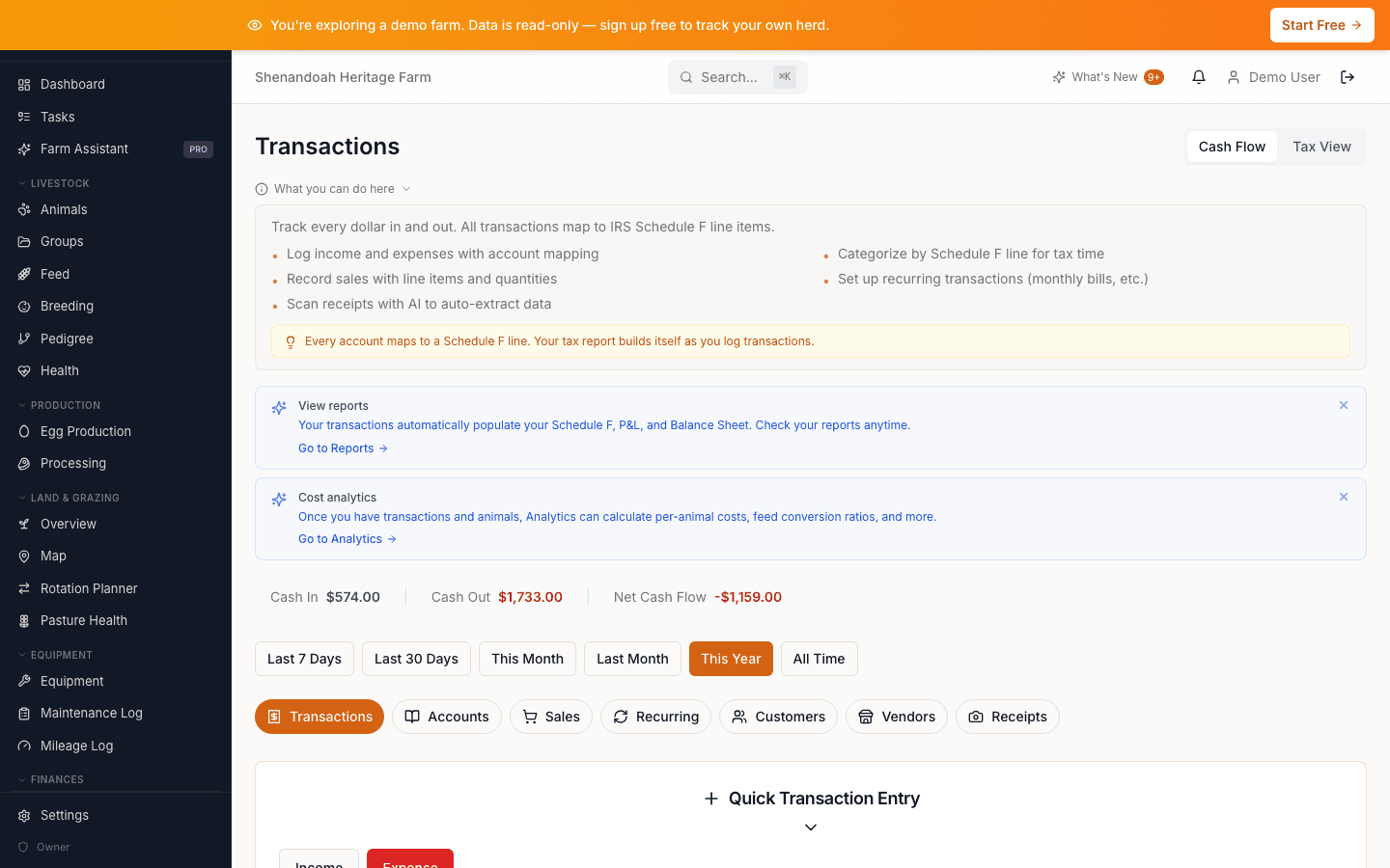 Transaction list with Schedule F categories and income/expense breakdown