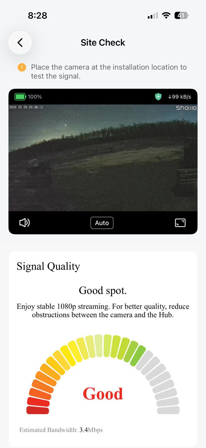ShowMo app Site Check showing "Good" signal quality at 3.4 Mbps estimated bandwidth through trees and terrain